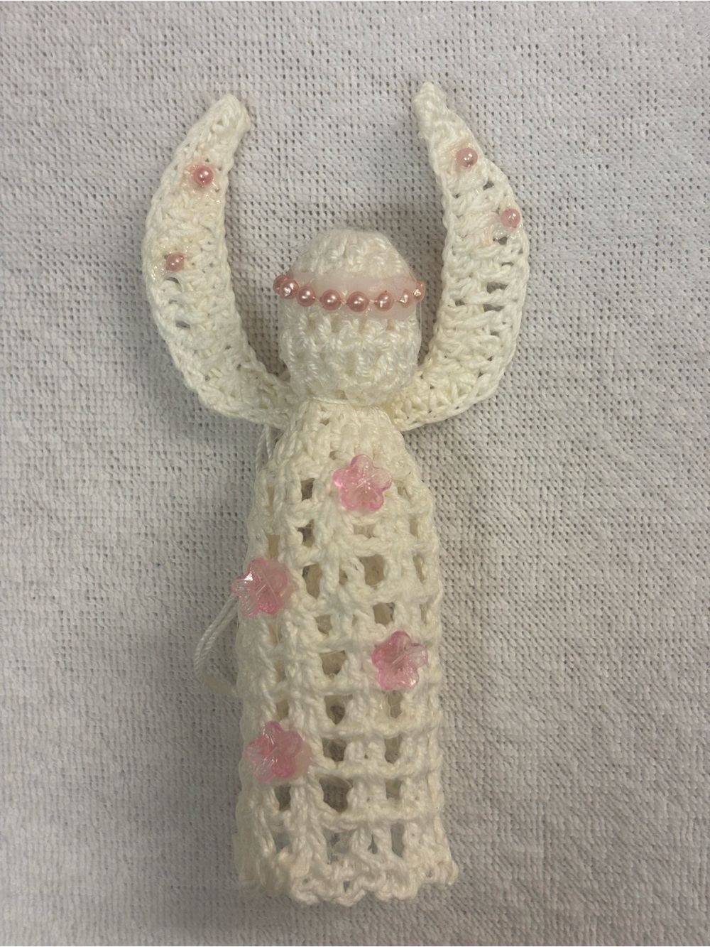 Handmade Cream Crochet Angel Ornament with Pink Bead Accents